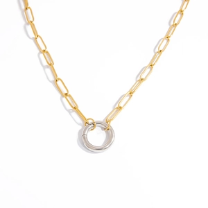 Golden paperclip chain necklace with silver ring pendant in minimalist two-tone design