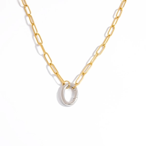 Detail of two-tone gold paperclip chain with silver oval spring clasp on white background