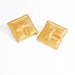 18K gold plated square stud earrings with unique 3D textured surface in minimalist style