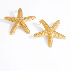 Macro detail of gold plated starfish earrings showing fine textured surface and sea style