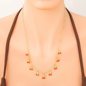 Sweet Stainless Steel Cherry Jewelry Set For Women Red Green Enamel Cherry Pendant Necklace Bracelet Fashion Jewelry Set