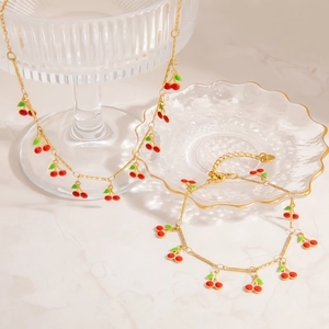 Elegant stainless steel necklace and bracelet set with cute acrylic cherry charms