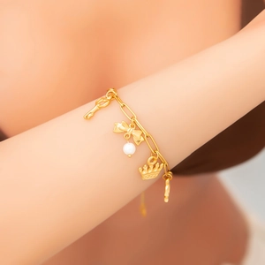 18K Gold Plated Stainless Steel Artificial Pearl Charm Bracelet For Women Vintage Bow Crown Key Moon Star Pendant Trendy Jewelry