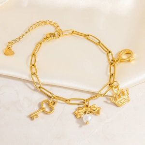 18K gold plated stainless steel paperclip bracelet with heart and pearl charms