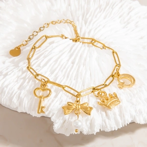 18K gold plated stainless steel bracelet with heart charms and white pearl on white coral