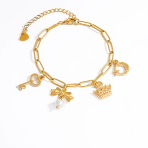 18K gold plated stainless steel pearl bracelet with heart, key and crown charms