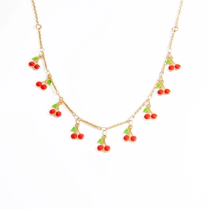 Elegant gold-tone stainless steel necklace with eight red and green cherry pendants