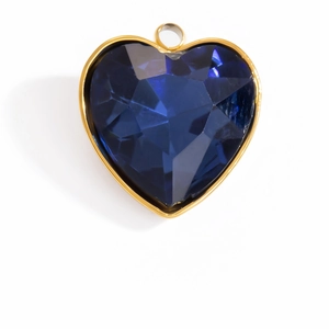Deep blue heart-shaped crystal pendant with gold plating and faceted glass design