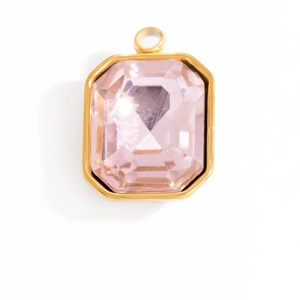 Rectangular pink crystal pendant with golden stainless steel frame and top loop