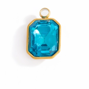 Vintage large faceted blue crystal rectangle pendant with elegant gold plated metal frame
