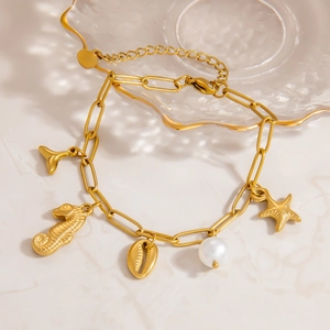 Bracelet à Breloques Thème Océan Acier Inoxydable Plaqué Or Hippocampe Étoile de Mer Coquillage Künstliche Perle Bijoux pour Femmes