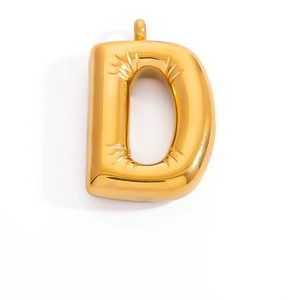 Detail of a golden bubble letter D pendant with realistic balloon texture and shiny finish