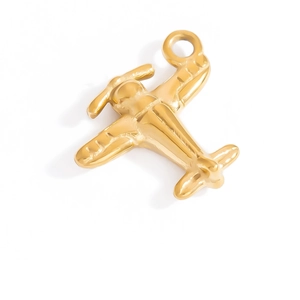 Detailed macro view of a vintage biplane pendant in polished 18K gold-plated finish