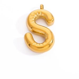 Detailed close-up of a 3D golden puffy balloon-style letter S pendant with realistic texture