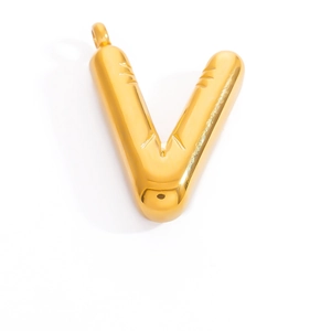Detailed macro view of a gold 3D letter V pendant with unique hotdog sausage texture