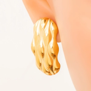 Golden wave textured stainless steel conch earrings for women with a metallic finish