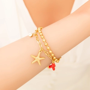 Bracciale a doppio strato in acciaio inossidabile placcato oro 18K con stella marina e corallo