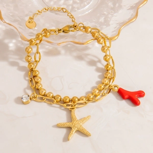Bracciale a doppio strato in acciaio inossidabile 18K con ciondoli a stella e corallo
