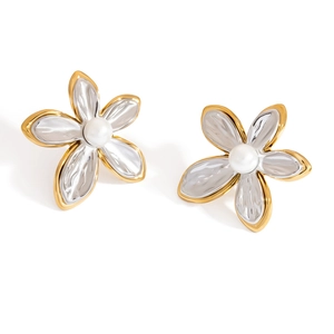 Vintage two-tone stainless steel sunflower earrings with pearls and 18K gold plating