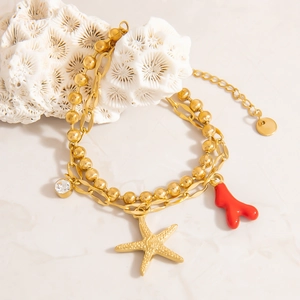 Bracciale a doppio strato in acciaio inossidabile con ciondoli stella marina e corallo