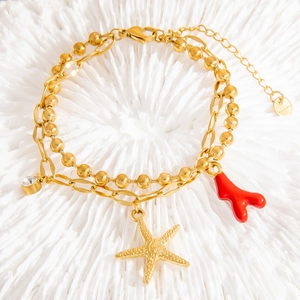 Bracciale a Doppio Strato in Acciaio Inossidabile con Ciondolo a Forma di Stella Marina e Corallo Oro Strass Donna Gioielli