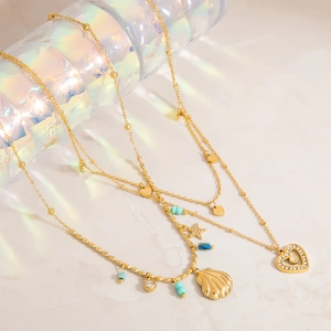Lussuosa Collana Con Pendente a Cuore a Doppio Strato in Acciaio Inossidabile per Donna Girocollo in Strass Placcato Oro