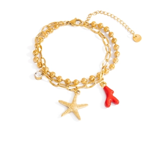 Bracciale a doppio strato in acciaio inossidabile dorato 18K con stella marina e corallo