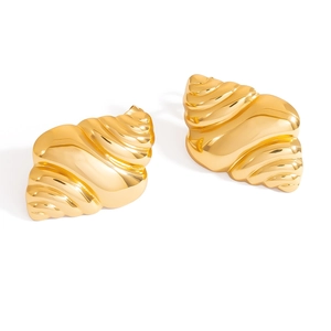 Golden spiral conch shell stud earrings in stainless steel with high polished metallic finish