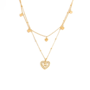 Collana a doppio strato in acciaio inossidabile placcato oro 18K con ciondoli a cuore