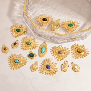 18K gold plated stainless steel heart pendants set with natural turquoise and malachite