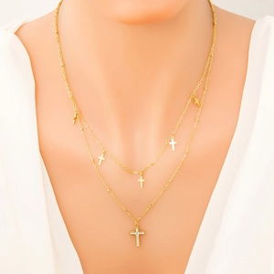 Collana a doppio strato in acciaio inossidabile placcato oro 18K con croci in zircone