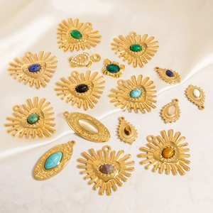 18K gold plated stainless steel heart and oval pendants with natural gemstones and shell