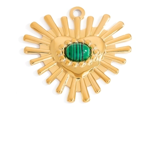 18K gold heart-shaped pendant with malachite stone inlay and sunburst ray design