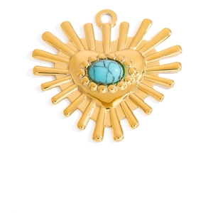 18K gold-plated stainless steel heart pendant with turquoise oval stone center