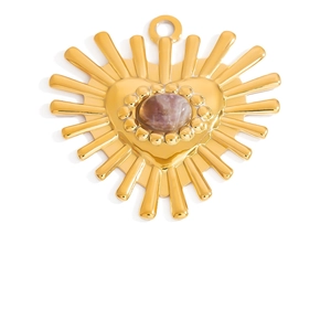Detail of 18K gold heart pendant featuring a sunburst texture and natural purple stone