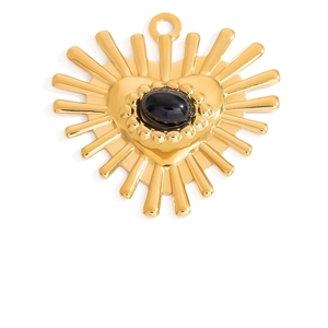 Macro detail of heart sunburst pendant with 18K gold plating and black oval stone
