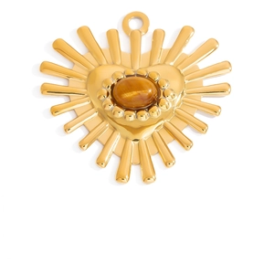 Detail of 18K gold plated heart pendant with oval brown tiger eye stone inlay