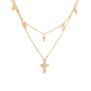 Collana a doppio strato in acciaio inossidabile placcato oro 18K con ciondoli a croce
