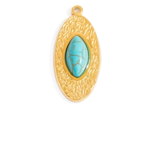 Detail of 18K gold plated oval pendant with hammered texture and marquise turquoise stone