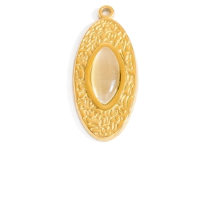 Detail of 18K gold plated textured heart pendant with cat eye stone inlay for DIY jewelry