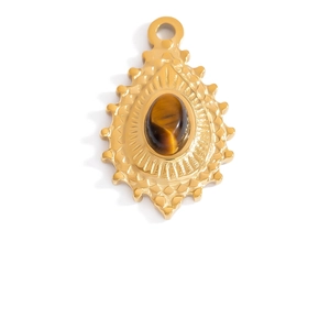 18K gold plated stainless steel heart pendant featuring natural tiger eye stone inlay