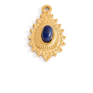 Close-up of 18K gold-plated oval pendant with blue natural stone and radial pattern