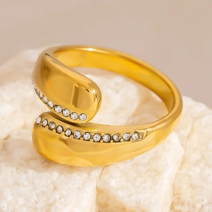 Polished 18K gold plated stainless steel wrap ring with double row zircon stones