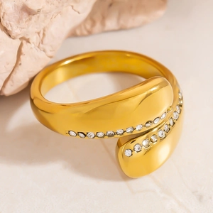 18K gold plated stainless steel bypass ring with sparkling pavé cubic zirconia