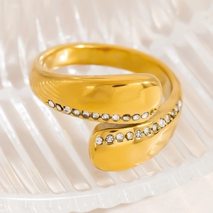 18K gold plated titanium bypass ring with sparkling pavé zircons for women
