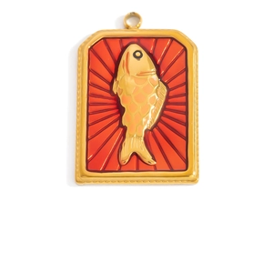 Golden rectangle crab heart pendant with red radial texture and carp fish charm
