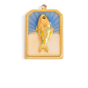 Exquisite gold rectangular pendant with colorful enamel fish and beaded edge details