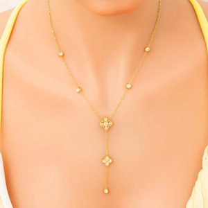 Elegante vergulde 18K titanium stalen Y-halsketting met klavertje-hangers en kristallen details