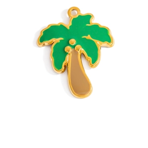 Coconut tree charm with green enamel and gold plated stainless steel edges