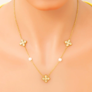 Elegante 18K goudvergulde roestvrijstalen ketting met klaverhangers en witte parels